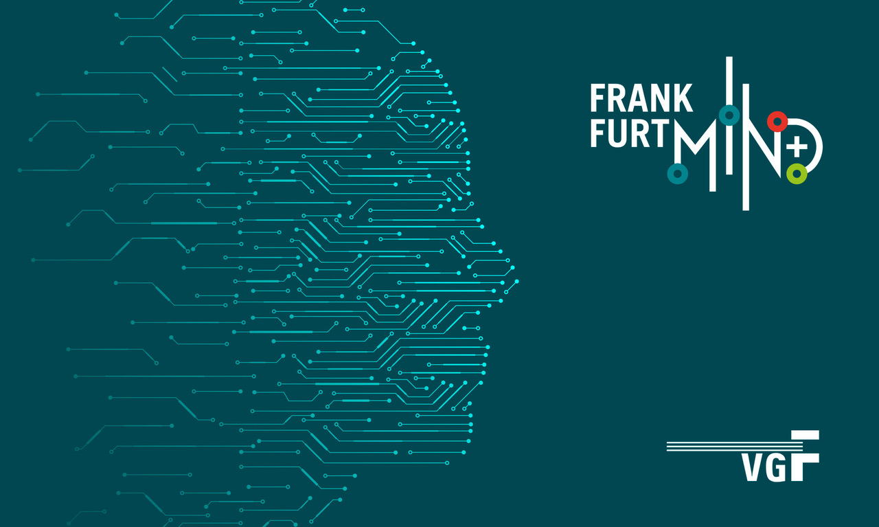 Profil eines Kopfes, das aus schematischen Verbindungen besteht, wie sie zum Beispiel in Fahrplänen gezeigt werden. Rechts die Logos "Frankfurt MIND+" und "VGF".