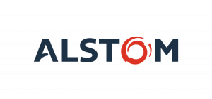 Logo Alstom, schwarzer Text mit rotem "O".