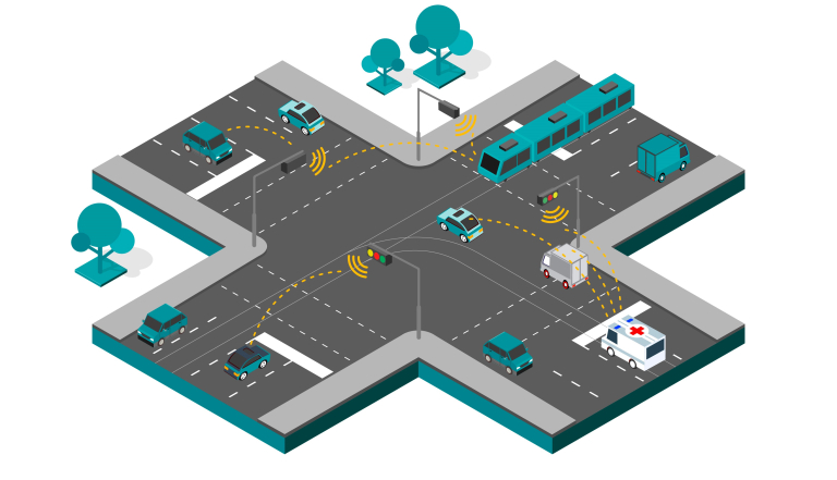 Schematische Straßenkreuzung: Straßenbahnen, Autos und Einsatzfahrzeuge tauschen Daten mit den Ampeln aus.