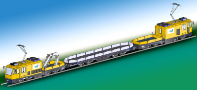 Schematische Darstellung des Gleisarbeitsfahrzeugs GAF im Zugverband mit zwei Arbeitsfahrzeugen.